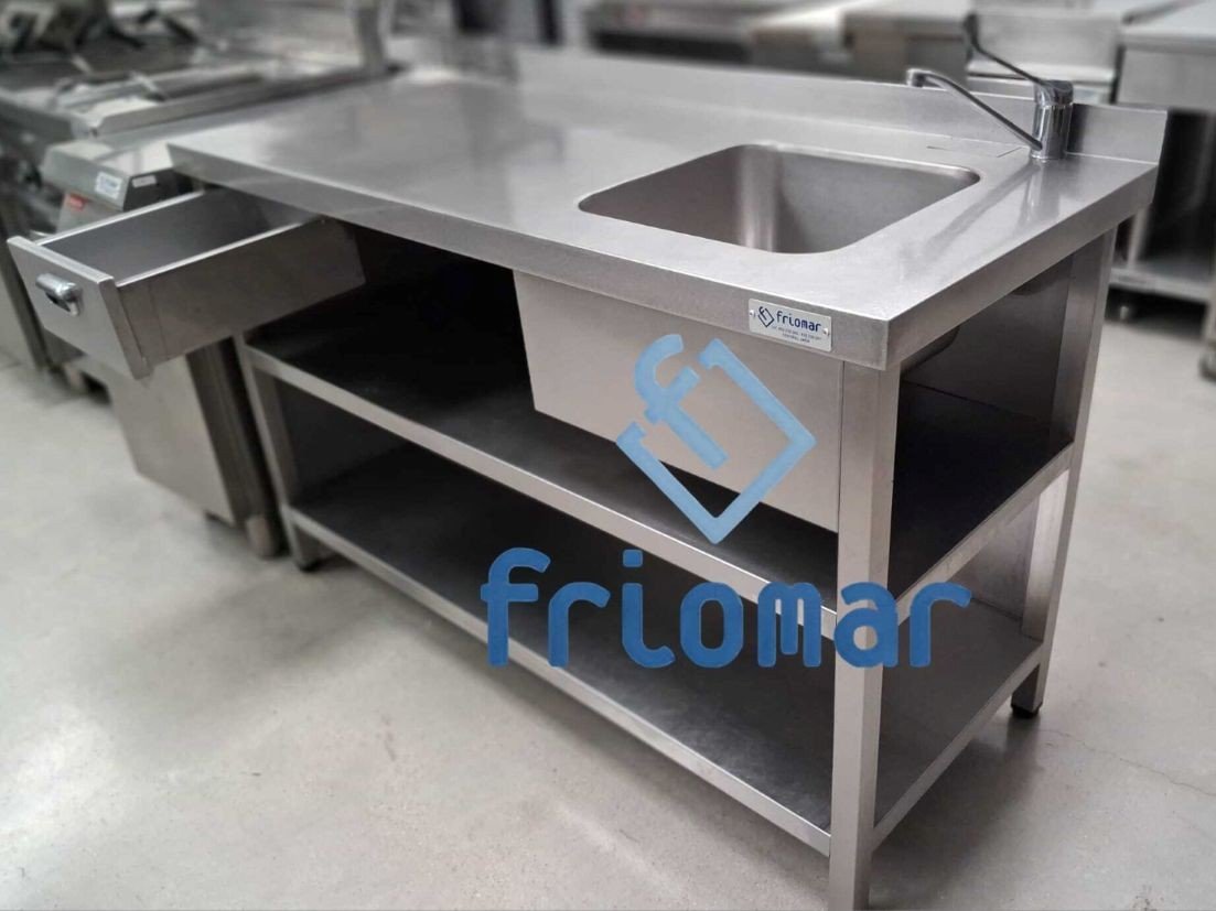 Mesa Trabajo Inox MURAL 1440 x 650 x 900mm con Seno, Cajón y 2 Estantes - Imagen 2